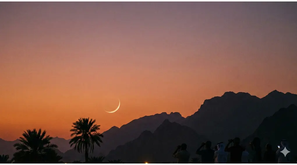 The sighting of the hilal, or the first crescent moon, on the western horizon at dusk, marking the beginning of the new Hijri month.