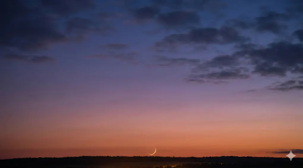 Dzikir & Doa Puasa Ramadhan Terlengkap (Kitab Al-Adzkar An-Nawawi) 2 Pemandangan bulan sabit tipis atau hilal di langit senja sebagai penanda masuknya bulan suci Ramadhan.