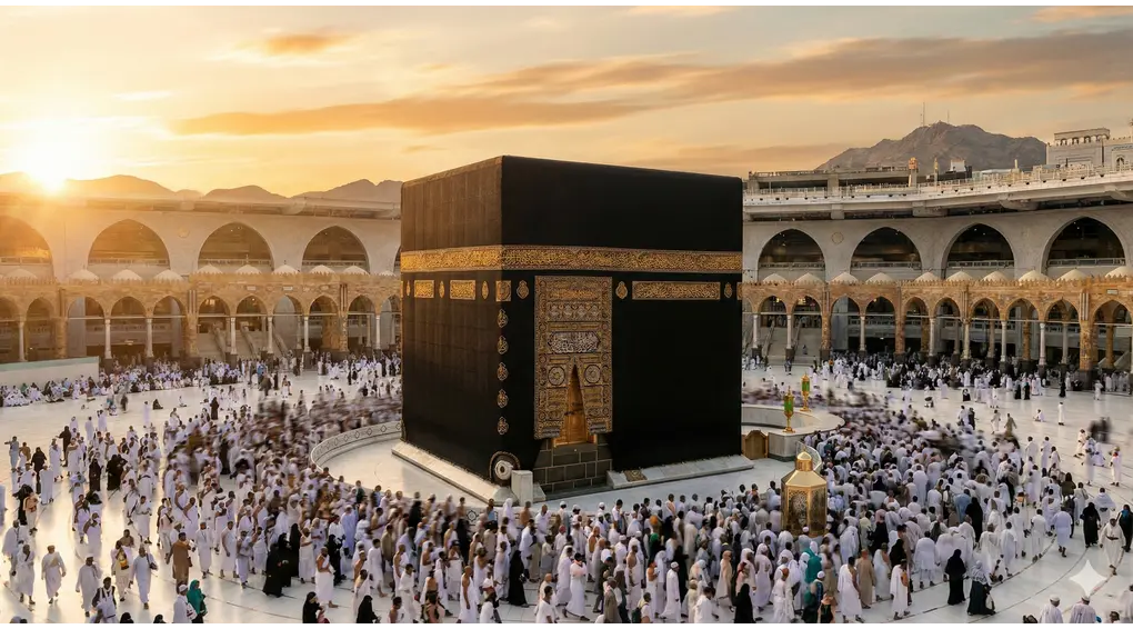 Pemandangan Ka'bah di Masjidil Haram dengan jamaah sedang tawaf, ilustrasi doa melihat Ka'bah.