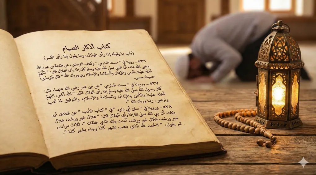 Dzikir & Doa Puasa Ramadhan Terlengkap (Kitab Al-Adzkar An-Nawawi) 1 A Muslim prostrates with deep reverence (khushoo) during the qiyam al-layl night prayer, immersed in the brightly lit and serene ambiance of a mosque on a Ramadan night.