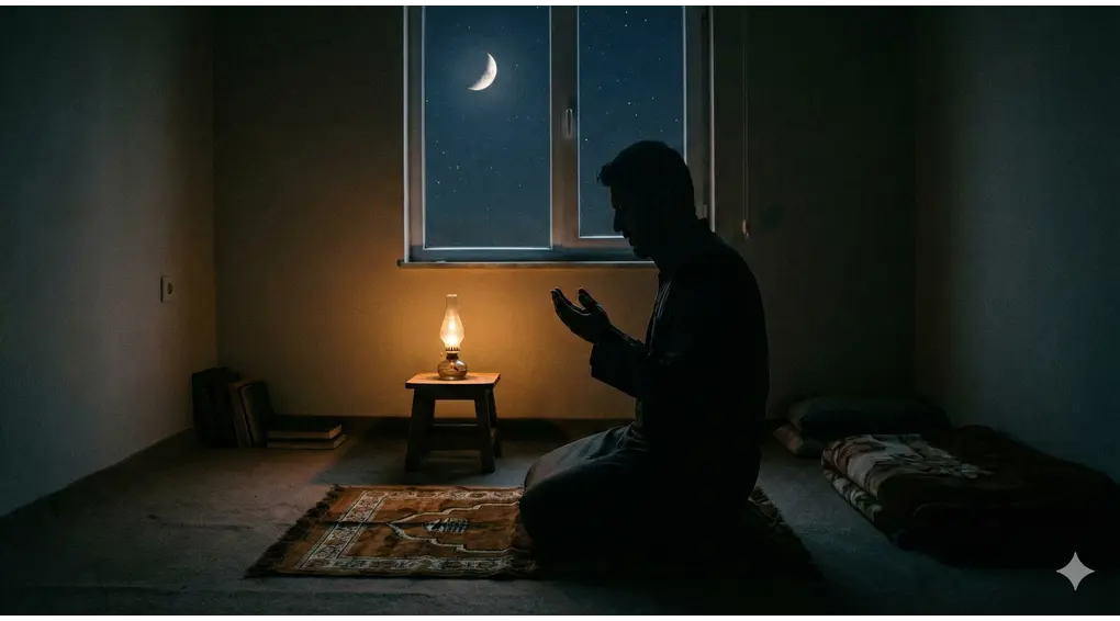 The Complete Guide to Sunnah Prayers Shafi'i Fiqh: Procedures, Virtues, and Evidence 4 A silhouette of a man praying earnestly on a prayer mat in a dimly lit room at night, symbolizing Tahajjud prayer.
