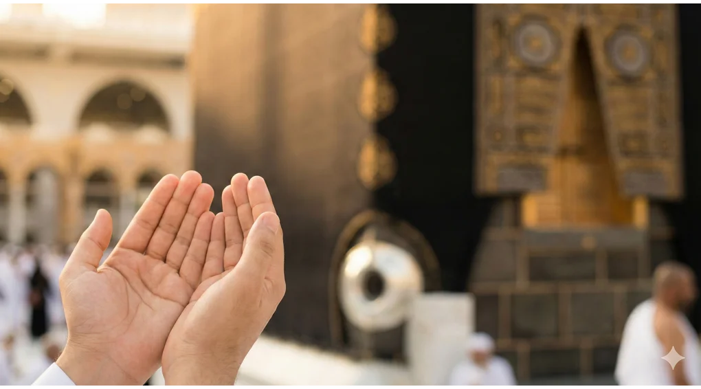 The Dua of Prophet Adam and Its Meaning: Arabic, Transliteration, & The Key to Sustenance 3 Hands raised in earnest prayer with the Kaaba and Al-Multazam blurred in the background, representing where Prophet Adam made his dua.