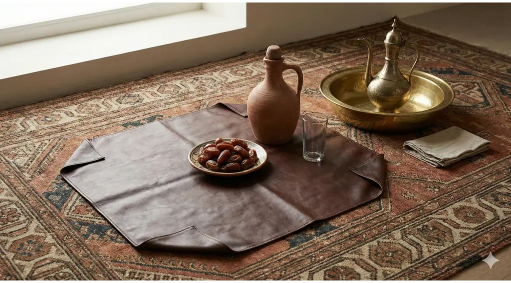 A traditional leather dining mat (sufrah) with dates and a washing basin, illustrating the etiquette of eating cleanly during I'tikaf.