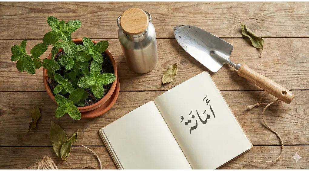 Environmental Protection in Islam: Why Planting Trees is an Act of Worship 4 Flat lay composition on a rustic wooden table featuring a potted mint herb, a reusable stainless steel water bottle, a small gardening trowel, and a notebook with the Arabic word "Amanah" (Trust) written on it.
