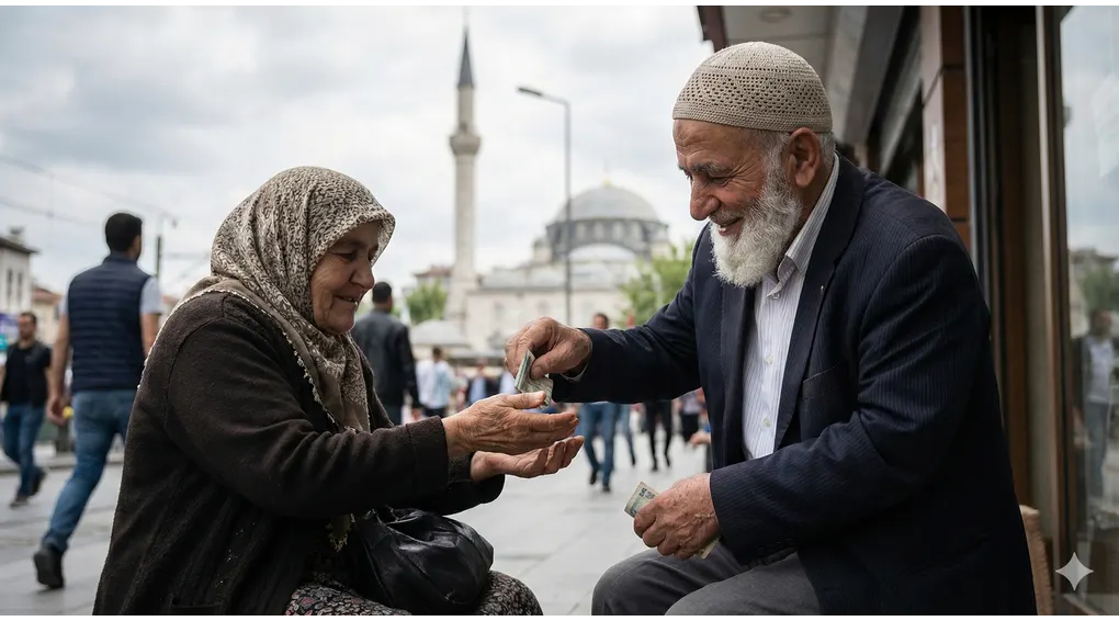 Faith in Allah: Understanding the Meaning and Importance as the First Pillar of Iman 2 Candid photograph of an elderly Muslim man with a white beard smiling warmly as he gives money to a needy woman on a street, with a mosque minaret visible in the blurred background.