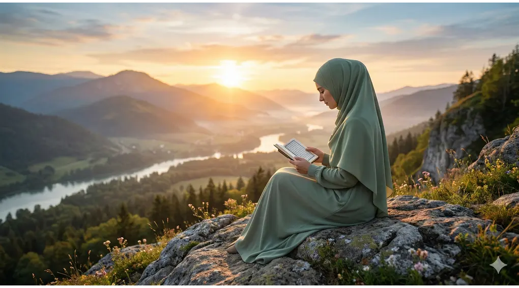Exploring the Meaning of Hamdalah and Shukr in the Book of I'anah at-Talibin 2 A modest Muslim woman wearing a neat, elegant hijab completely covering her chest sitting on a large rock, holding and reading a small pocket Quran in her hands during sunrise. She is using her eyesight and hands for obedience (worship) against a magnificent natural background.