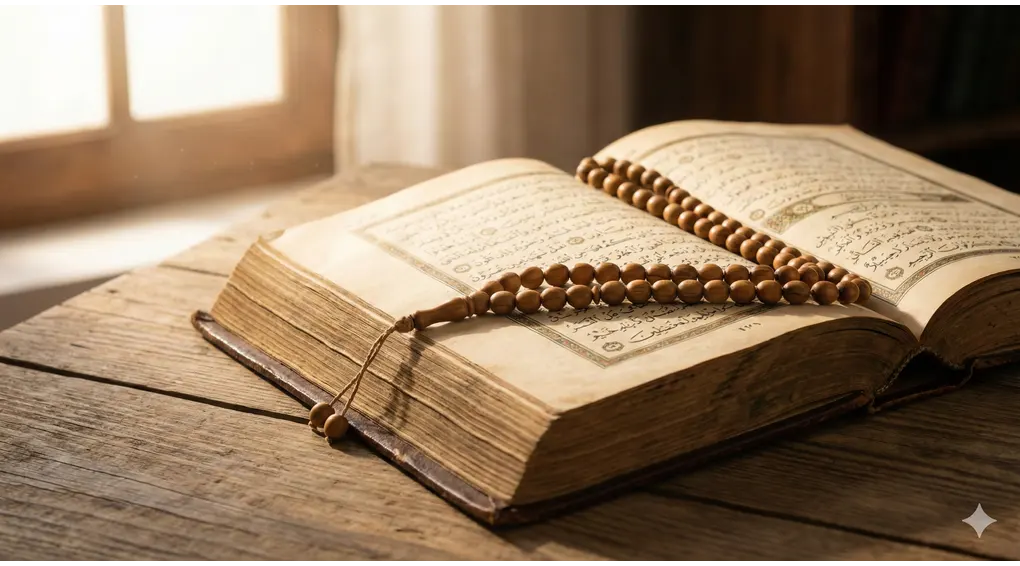 Secrets of Accepted Prayer: A Complete Guide to the Etiquette of Supplication According to Imam Al-Ghazali and An-Nawawi 1 A classic leather-bound Islamic manuscript and a wooden tasbih resting on a desk, representing the traditional knowledge of the etiquette of supplication (dua).