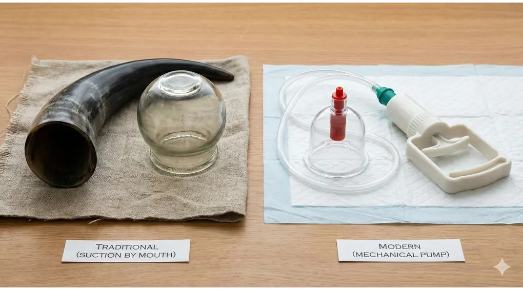 Hukum Bekam Saat Puasa Menurut Kitab Asna al-Matalib: Kajian Fiqih Syafi'i 2 Foto perbandingan edukatif yang menunjukkan tanduk hewan tradisional dan gelas kaca untuk bekam sedot mulut di sebelah kiri, dan gelas plastik modern dengan pompa sedot mekanis di sebelah kanan, diberi label yang sesuai di atas permukaan kayu sebagai ilustrasi agar memahami hukum bekam saat puasa