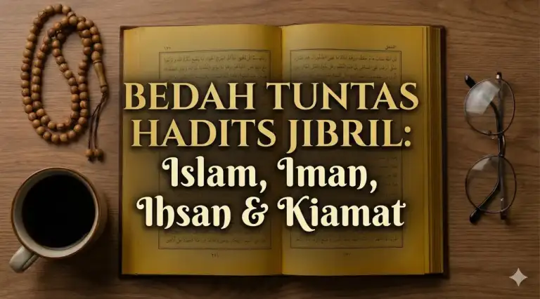 Flatlay meja belajar ustadz dengan kitab kuning terbuka, tasbih kayu, kopi hitam, dan kacamata, bertuliskan "BEDAH TUNTAS HADITS JIBRIL: Islam, Iman, Ihsan & Kiamat" dengan nuansa warna cokelat hangat.