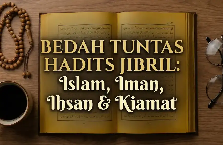 Home 9 Flatlay meja belajar ustadz dengan kitab kuning terbuka, tasbih kayu, kopi hitam, dan kacamata, bertuliskan "BEDAH TUNTAS HADITS JIBRIL: Islam, Iman, Ihsan & Kiamat" dengan nuansa warna cokelat hangat.