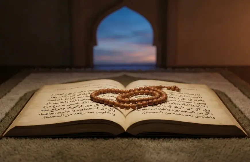 An elegant still-life of an open classical Arabic fiqh manuscript on a prayer mat with coiled wooden beads, next to a mosque window at twilight, representing Shalat Tasbih and Awwabin.