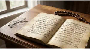 Home 11 Open classical Arabic Fiqh manuscript on a carved wooden book stand with reading glasses and wooden prayer beads on a clean wooden desk. Natural daylight window in the background.