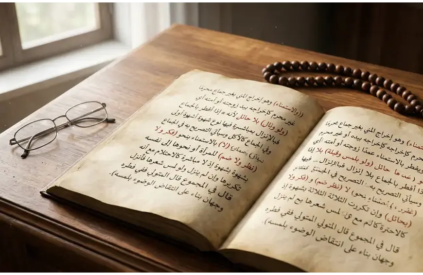 Open classical Arabic Fiqh manuscript on a carved wooden book stand with reading glasses and wooden prayer beads on a clean wooden desk. Natural daylight window in the background.