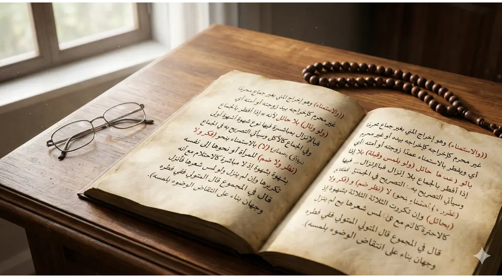 Open classical Arabic Fiqh manuscript on a carved wooden book stand with reading glasses and wooden prayer beads on a clean wooden desk. Natural daylight window in the background.