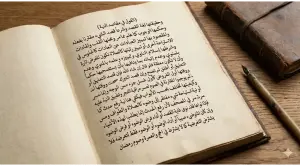 Home 19 An open antique Islamic fiqh manuscript on a wooden table, displaying Arabic text explaining the linguistic and legal definitions of intention (niyyah).