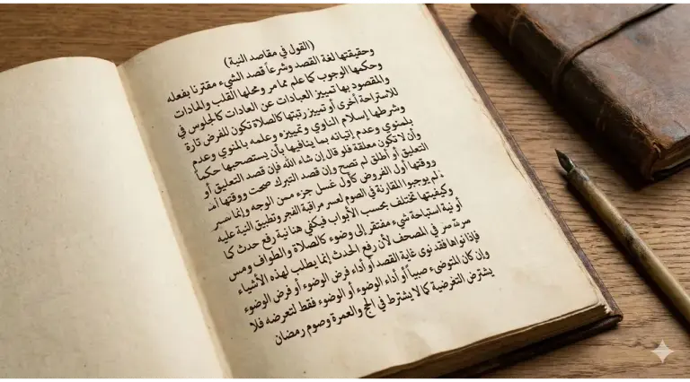 Shafi'i School of Jurisprudence: The Complete Guide to Islamic Law, Prayers, and Tasawuf 1 An open antique Islamic fiqh manuscript on a wooden table, displaying Arabic text explaining the linguistic and legal definitions of intention (niyyah).