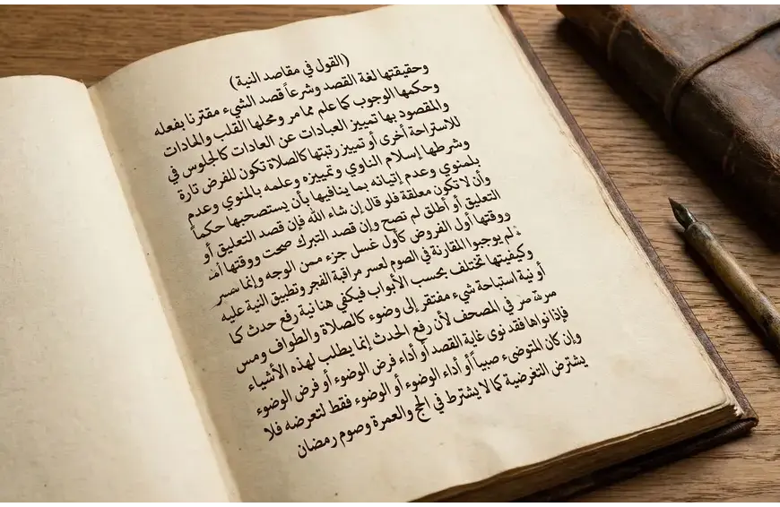 An open antique Islamic fiqh manuscript on a wooden table, displaying Arabic text explaining the linguistic and legal definitions of intention (niyyah).