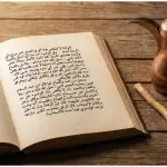 An open classical fiqh manuscript showing Arabic text on water quantity for ghusl, next to a copper pitcher, miswak, and perfume bottle on a wooden table.An open classical fiqh manuscript showing Arabic text on water quantity for ghusl, next to a copper pitcher, miswak, and perfume bottle on a wooden table.
