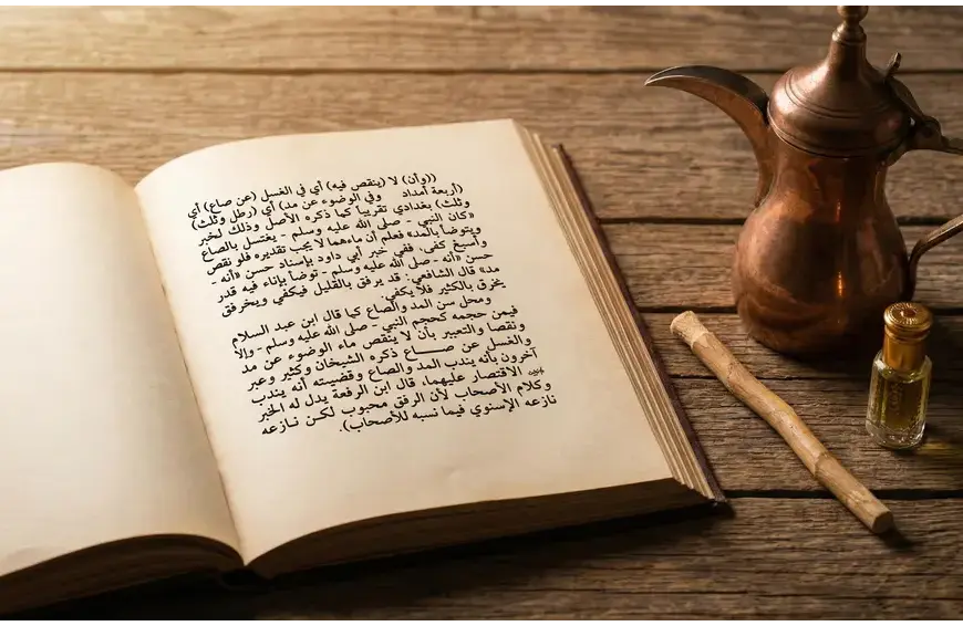 Home 37 An open classical fiqh manuscript showing Arabic text on water quantity for ghusl, next to a copper pitcher, miswak, and perfume bottle on a wooden table.An open classical fiqh manuscript showing Arabic text on water quantity for ghusl, next to a copper pitcher, miswak, and perfume bottle on a wooden table.