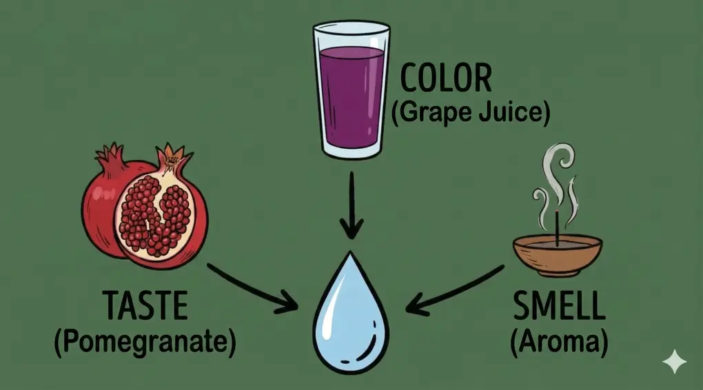 The Essence of Mutlaq Water: Why Only Water Can Purify in Islam? 3 Cartoon diagram illustrating the sensory criteria for assessing water quality. A central water drop is surrounded by three sources: a glass of purple grape juice labeled 'COLOR (Grape Juice)', a pair of pomegranates labeled 'TASTE (Pomegranate)', and a smoking incense bowl labeled 'SMELL (Aroma)'. Arrows point from each source to the water drop.