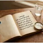 A scholarly flat lay photograph featuring an open classical Arabic Fiqh book relating to fasting rules, alongside modern medical items like eye drops and an inhaler, a glass of water, seeds, and a magnifying glass on a wooden table.