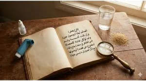 A scholarly flat lay photograph featuring an open classical Arabic Fiqh book relating to fasting rules, alongside modern medical items like eye drops and an inhaler, a glass of water, seeds, and a magnifying glass on a wooden table.