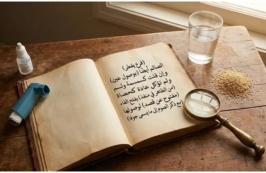 A scholarly flat lay photograph featuring an open classical Arabic Fiqh book relating to fasting rules, alongside modern medical items like eye drops and an inhaler, a glass of water, seeds, and a magnifying glass on a wooden table.