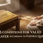 5 Conditions for a Valid Prayer According to Fathul Qarib: A Complete Guide Illustration showing the five conditions for valid prayer according to the classical fiqh book Fathul Qarib.