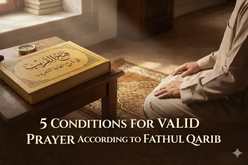 Illustration showing the five conditions for valid prayer according to the classical fiqh book Fathul Qarib.