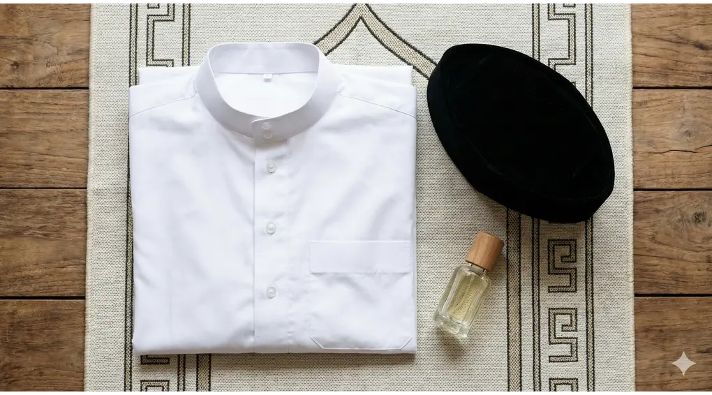 Fotografi flat lay yang diambil dari atas, menampilkan kemeja koko putih bersih terlipat rapi, peci hitam beledu, dan botol kaca minyak wangi di atas sajadah bermotif, melambangkan persiapan kebersihan fisik penuntut ilmu.