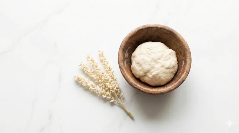 A rustic wooden bowl filled with fresh bread dough placed next to a sprig of delicate white botanical blossoms on a clean marble surface, serving as a visual metaphor for scent characteristics.