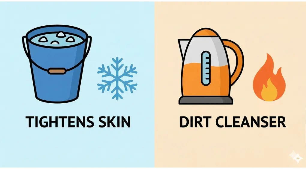 The Proper Use of Cold Water, Warm Water, Sidr, and Camphor in Washing the Deceased 4 A side-by-side comparison image. The left side has a light blue background with a bucket of ice water and a snowflake icon, labeled 'TIGHTENS SKIN'. The right side has a light orange background with a hot water kettle and a fire icon, labeled 'DIRT CLEANSER'.