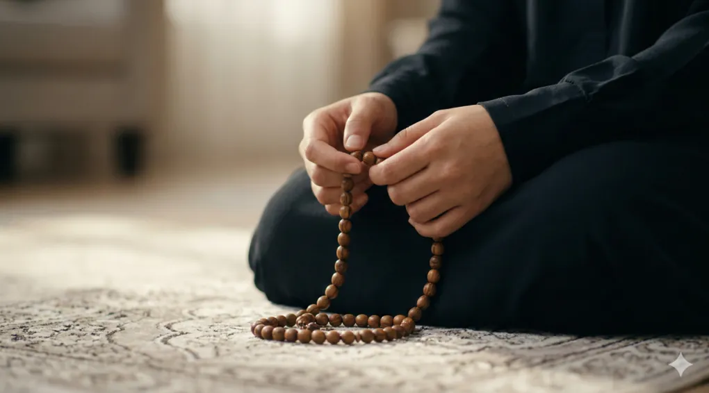 Tata Cara Shalat Tasbih dan Awwabin: Dalil, Pandangan Ulama, dan Praktiknya dalam Fikih Syafi'i 2 Foto makro terperinci dari tangan berlengan panjang yang rapi memegang dan menghitung tasbih kayu yang terletak di atas pangkuan yang ditutupi oleh sajadah bermotif rumit, dengan kedalaman bidang yang dangkal.