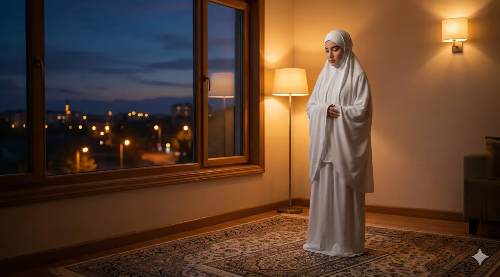 Tata Cara Shalat Tasbih dan Awwabin: Dalil, Pandangan Ulama, dan Praktiknya dalam Fikih Syafi'i 3 Foto bersudut pandang menengah dari seorang Muslimah, dalam mukena putih bersih menutupi seluruh tubuh dan rambutnya, melakukan shalat qiyam di sudut rumah yang diterangi dengan damai, dengan senja nila yang gelap bertransisi menjadi malam di luar jendela besar.
