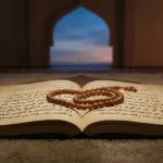 Sebuah still-life elegan dari manuskrip fiqih Arab klasik yang terbuka di atas sajadah dengan butiran tasbih kayu yang melingkar, di samping jendela masjid saat senja, mewakili Shalat Tasbih dan Awwabin.