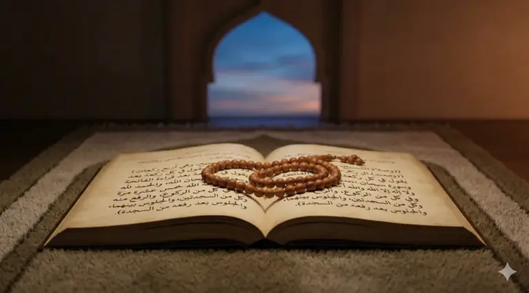 Home 7 Sebuah still-life elegan dari manuskrip fiqih Arab klasik yang terbuka di atas sajadah dengan butiran tasbih kayu yang melingkar, di samping jendela masjid saat senja, mewakili Shalat Tasbih dan Awwabin.