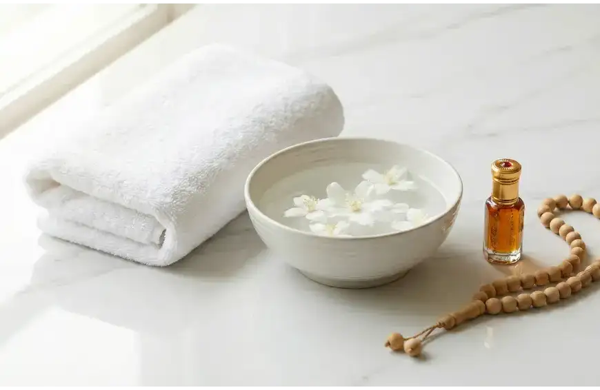 Home 7 A serene flat-lay photograph on marble showing items symbolic of Islamic purification: a clean white towel, a bowl of water with flowers, a small bottle of musk perfume oil, and tasbih prayer beads.