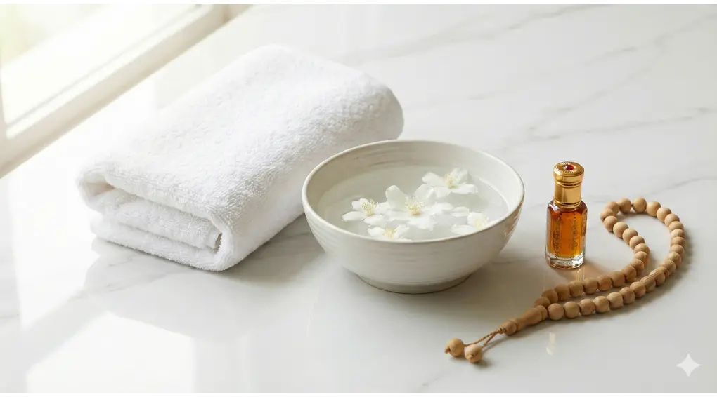 A serene flat-lay photograph on marble showing items symbolic of Islamic purification: a clean white towel, a bowl of water with flowers, a small bottle of musk perfume oil, and tasbih prayer beads.