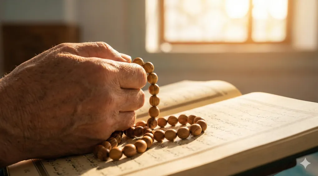 A close-up detail of aged hands holding wooden tasbih prayer beads resting on an open Quran page, symbolizing gratitude for Allah's blessings and reflection on His promises.