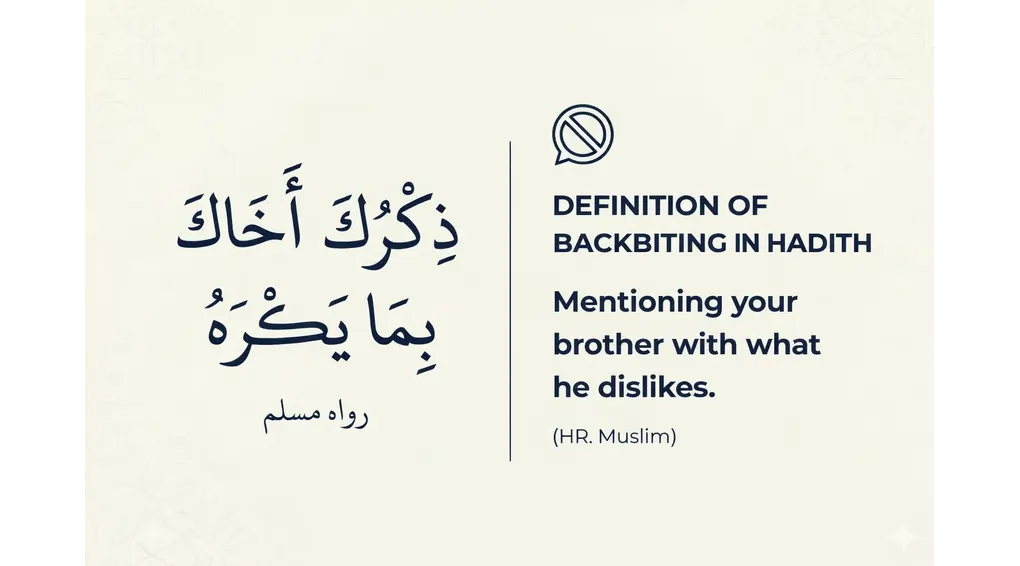 What is Ghibah? Definition, Punishment, and How to Repent (Al-Ghazali's Guide) 2 Islamic hadith graphic explaining the definition of backbiting as mentioning your brother with what he dislikes, narrated by Sahih Muslim.
