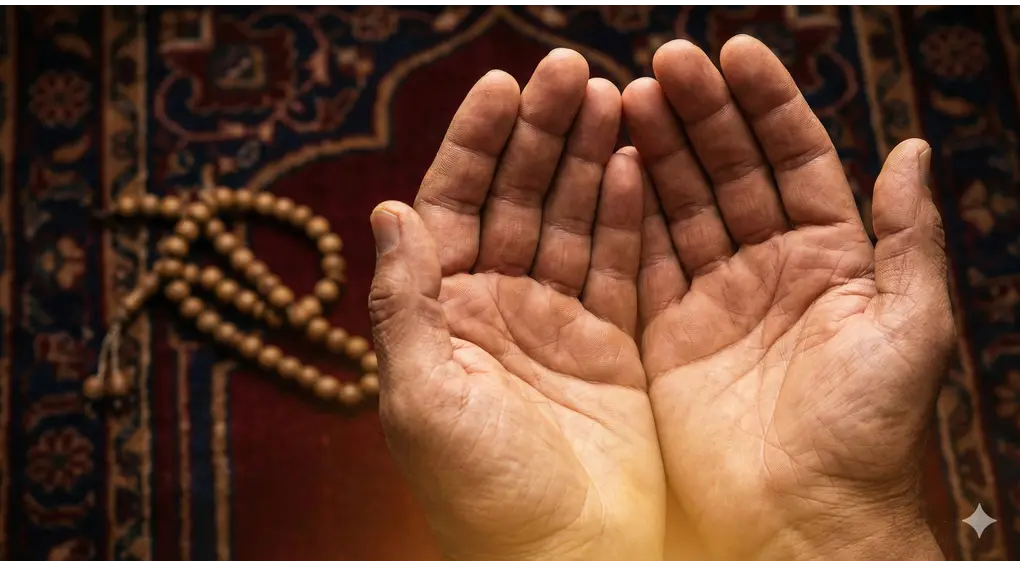 Close-up of hands raised in humble supplication (dua) over a prayer mat, symbolizing the core of the Prayer of Need.