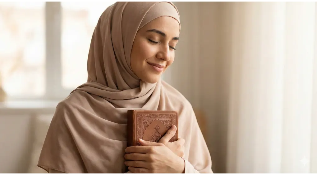 The Meaning of Intention: The Soul of Every Action in Islam 4 A hijabi Muslim woman holding a Quran to her chest with a serene, peaceful expression reflecting sincerity.