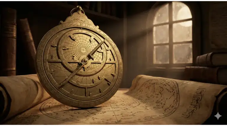 Home 1 An antique Islamic brass astrolabe resting on an old parchment map by a window, symbolizing the history of the Hijri calendar and early Islamic astronomy.