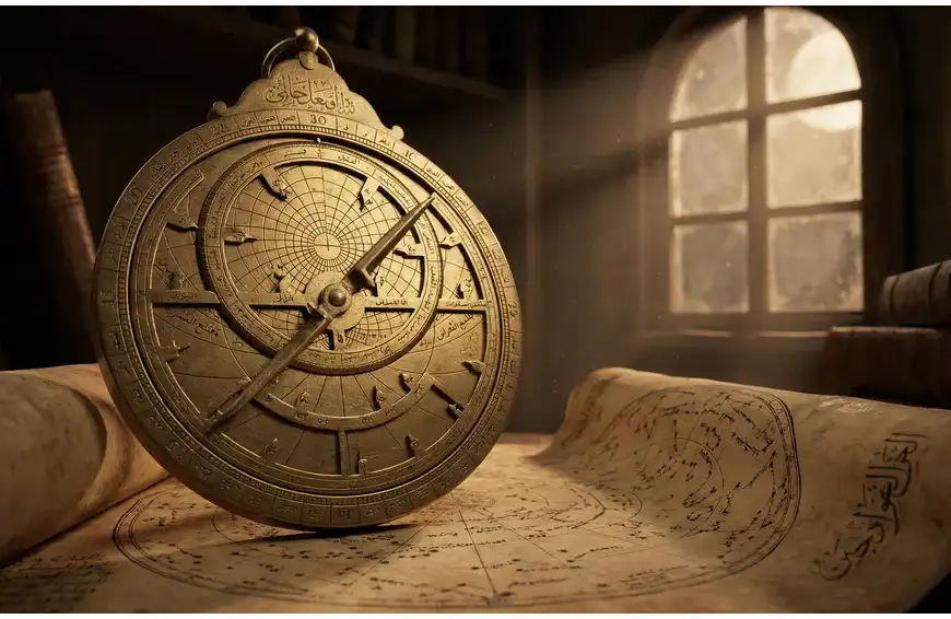 Home 11 An antique Islamic brass astrolabe resting on an old parchment map by a window, symbolizing the history of the Hijri calendar and early Islamic astronomy.