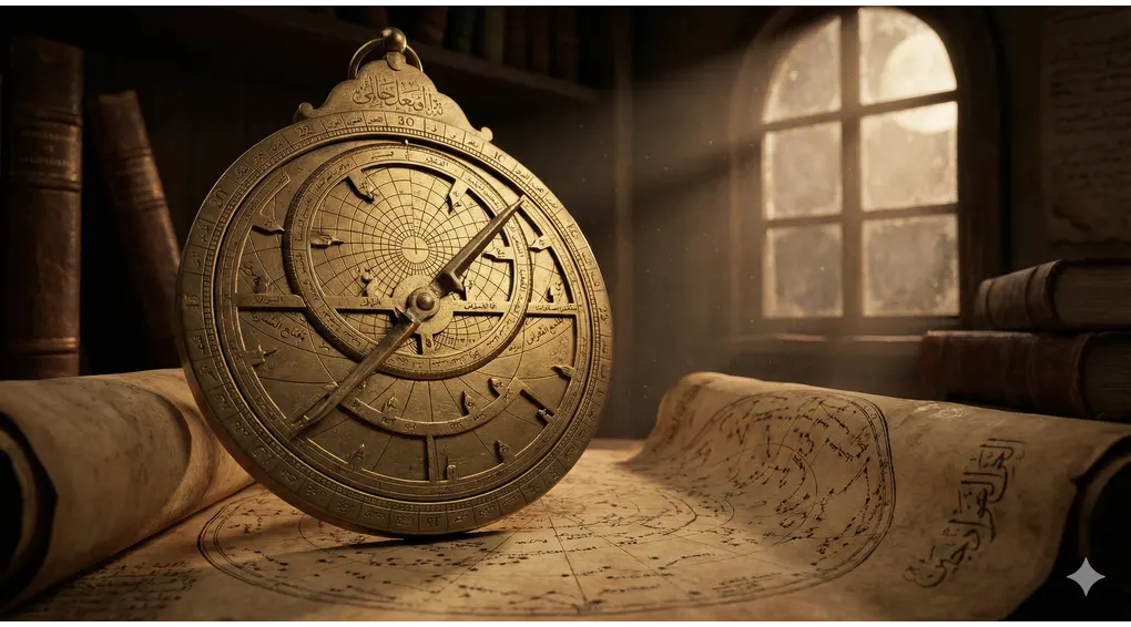An antique Islamic brass astrolabe resting on an old parchment map by a window, symbolizing the history of the Hijri calendar and early Islamic astronomy.