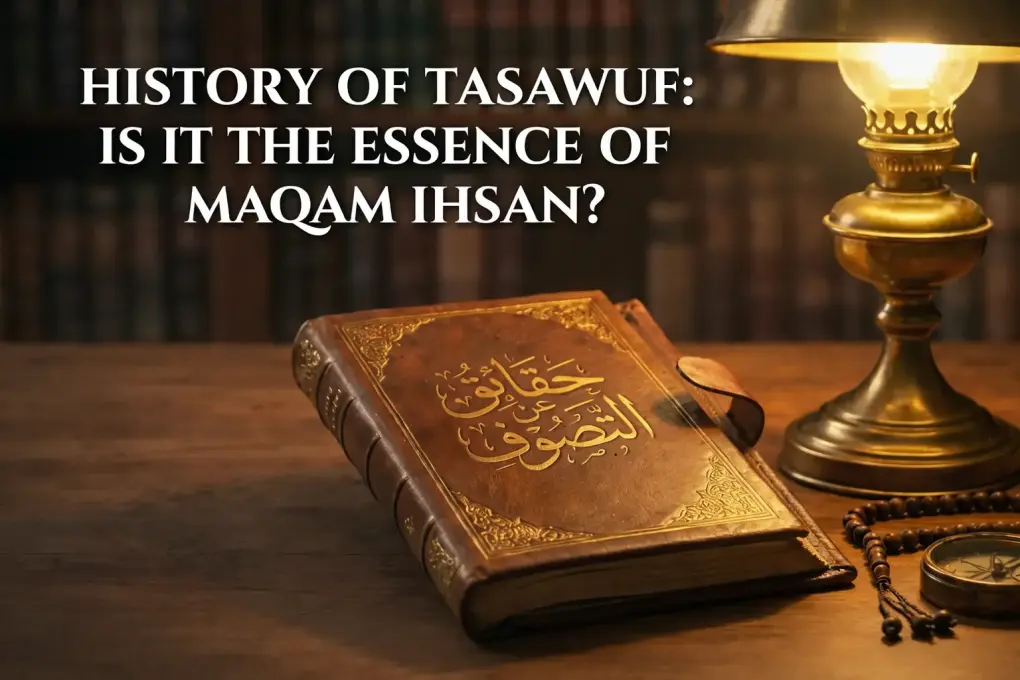 Illustration discussing the history of tasawuf (Islamic mysticism) and its relationship with the concept of maqam ihsan.
