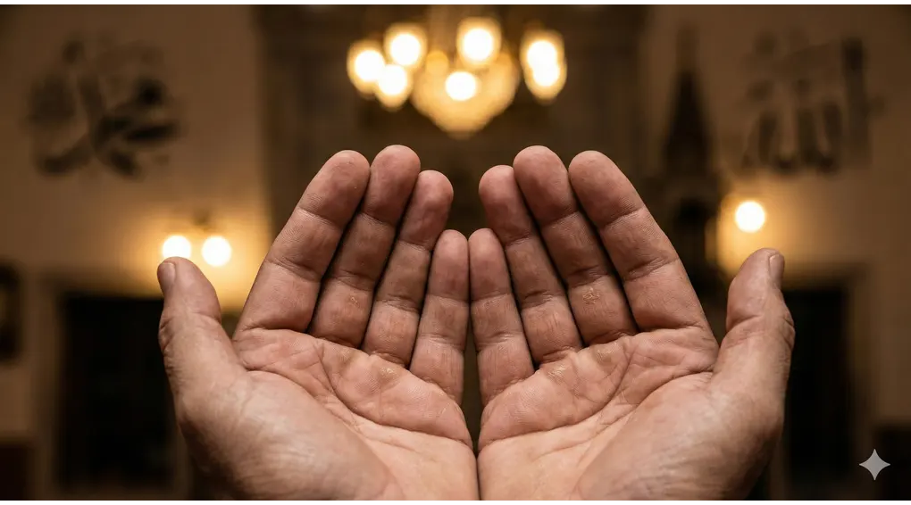 Secrets of Accepted Prayer: A Complete Guide to the Etiquette of Supplication According to Imam Al-Ghazali and An-Nawawi 3 A close-up view of a person's hands raised upwards with open palms in sincere Islamic prayer (dua), with a blurred mosque background.