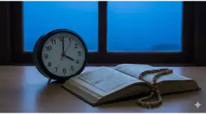 Home 5 An analog wall clock shows the time for **Fajr** in front of a window with soft bluish dawn light, with an open fiqh book and prayer beads resting on a wooden table.