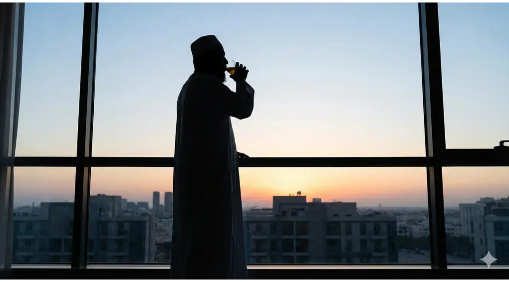Siluet seorang pria Muslim minum di dekat jendela besar saat fajar mulai terbit di ufuk kota.Siluet seorang pria Muslim minum di dekat jendela besar saat fajar mulai terbit di ufuk kota.