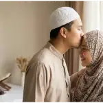 Seorang suami Muslim mencium kening istrinya dengan sopan sebagai bentuk kasih sayang yang mubah saat puasa Ramadhan.